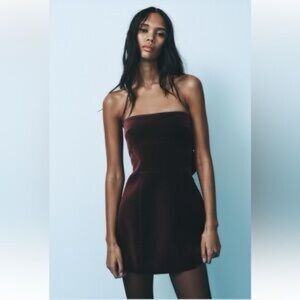 Zara Burgundy Velvet Strapless Mini Dress with Bow Back